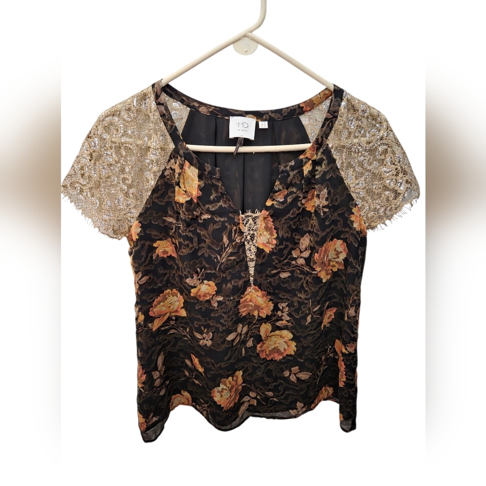 Anthropologie HD In Paris Disa Floral Burnout Top Gold Lace Sleeves Size 6